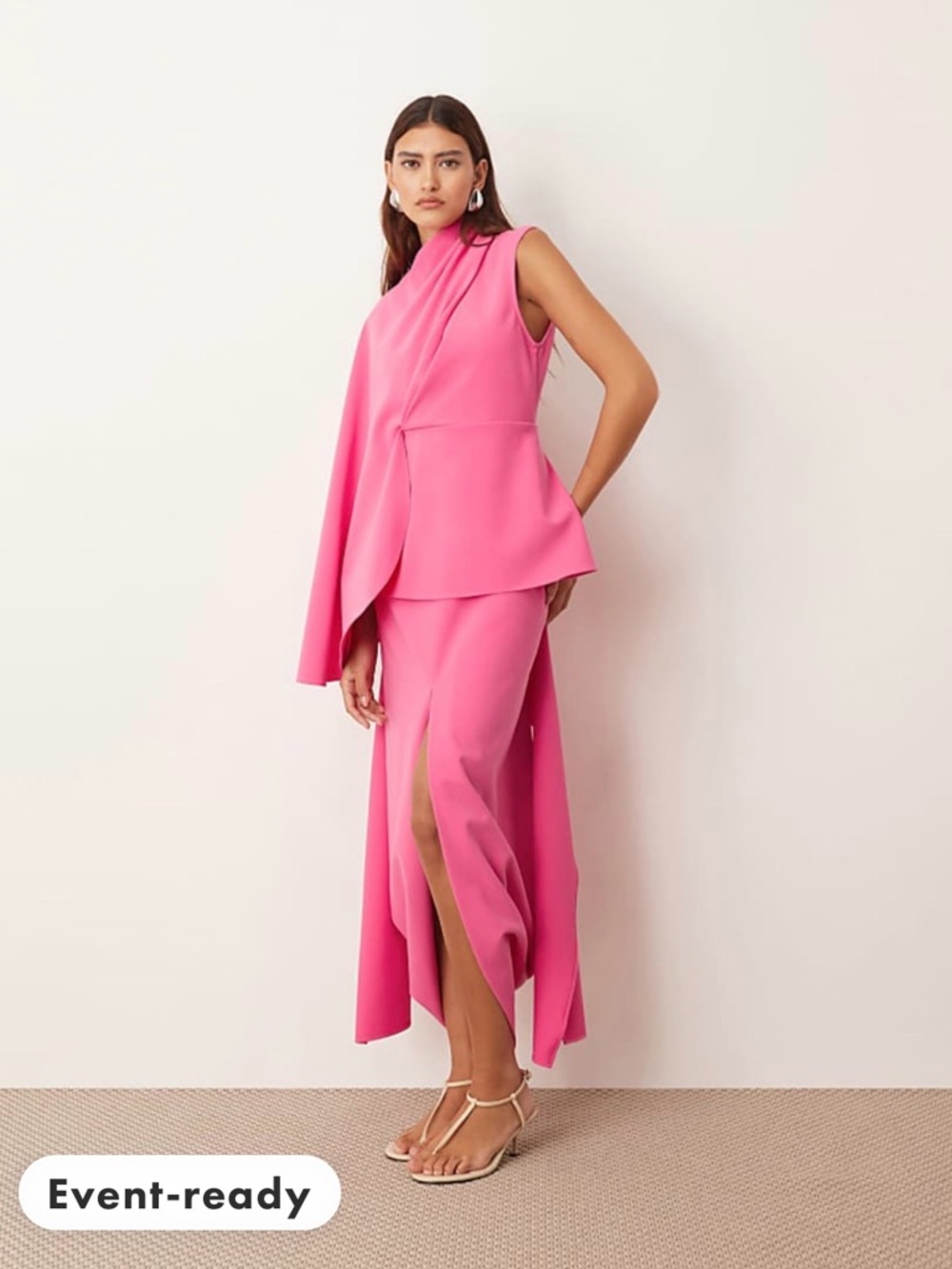 ARRANGE | NWT | 14
 heavy crepe asymmetric sleeve drape panel midi dress in pink